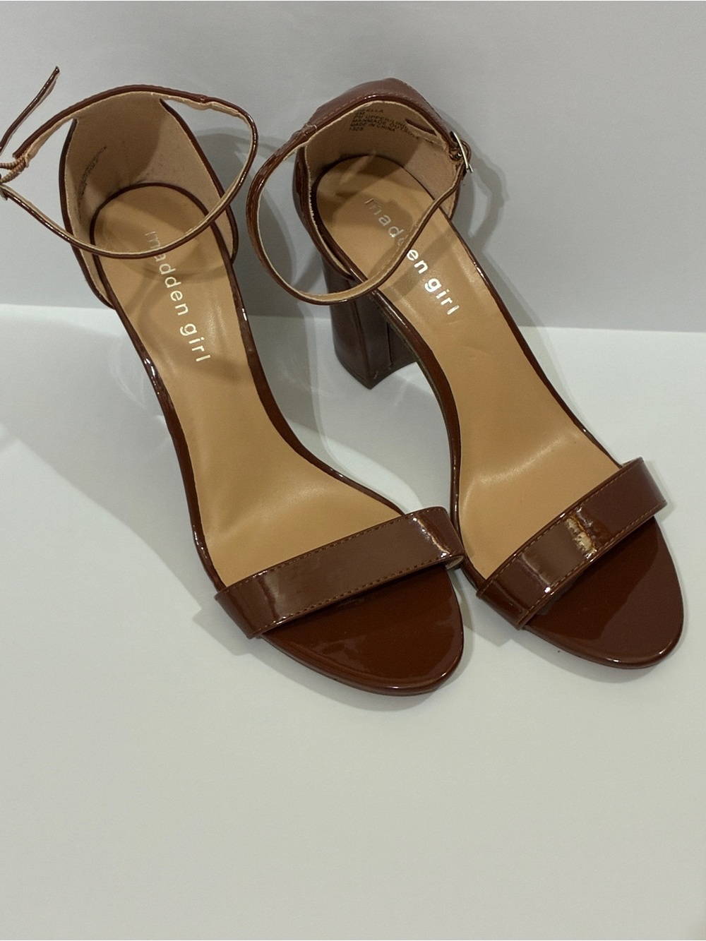 Madden Girl Brown Patent Block Heel Ankle-Strap Sandals